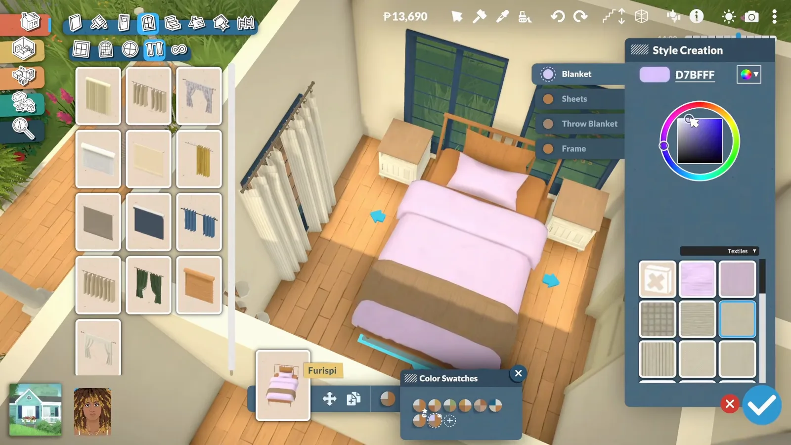 Paralives Style Creation panel with Blanket, Sheets, Throw Blanket and Frame parts beside a colour picker showing hex D7BFFF over a bed dressed in lavender