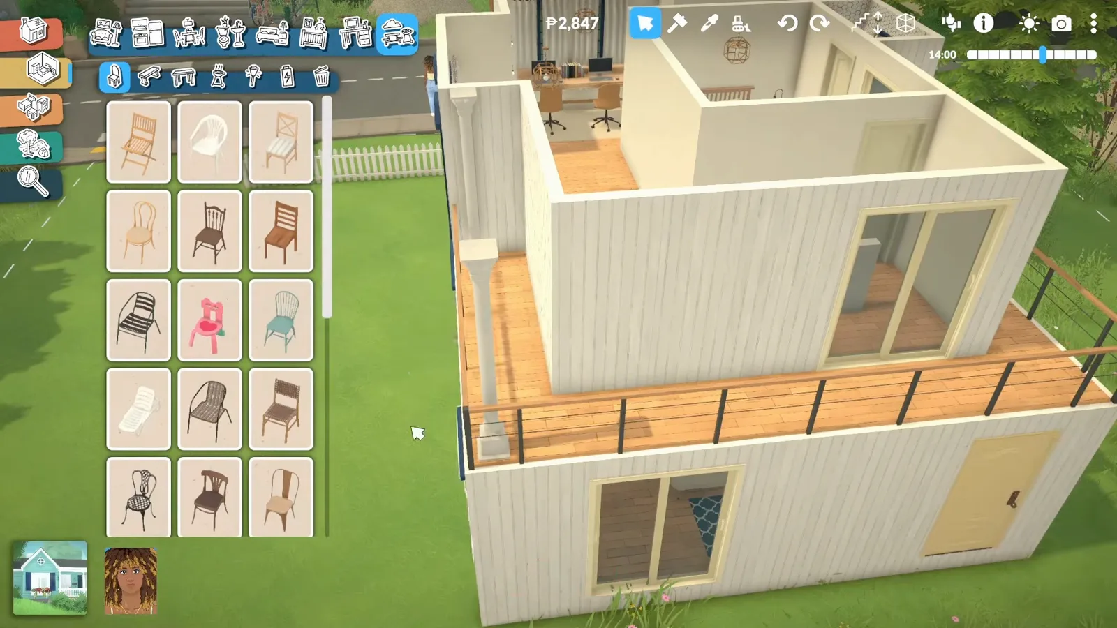 Paralives seating catalogue with chair cards open beside the second-floor deck with black and wood railing and the office visible inside