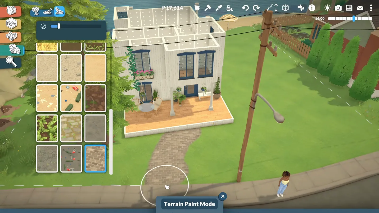 Paralives Terrain Paint Mode with a catalogue of ground swatches and a circular brush cursor painting a brick path by the sidewalk of the coastal lot