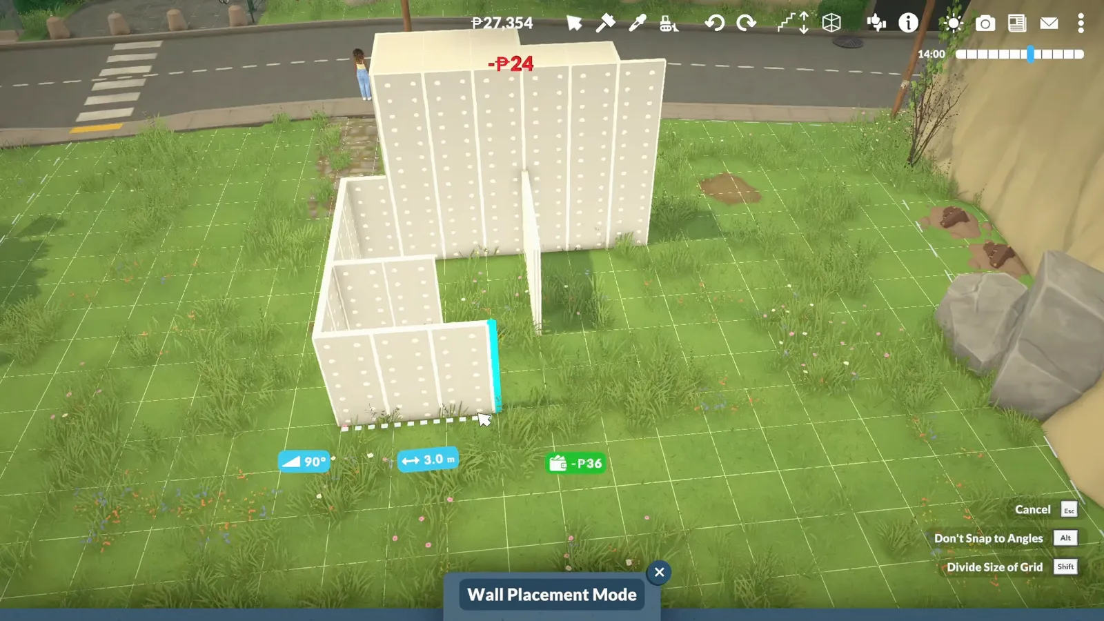 Paralives Wall Placement Mode on a grass coastal lot with the 90 degree angle chip, 3.0 m length chip and P36 price chip above the first white wall segments