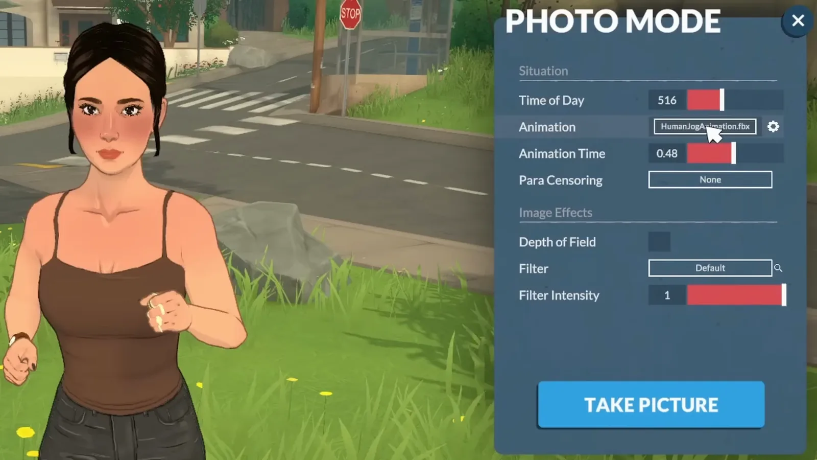 The Paralives photo mode Animation field showing HumanJogAnimation.fbx while a Para jogs along a garden path