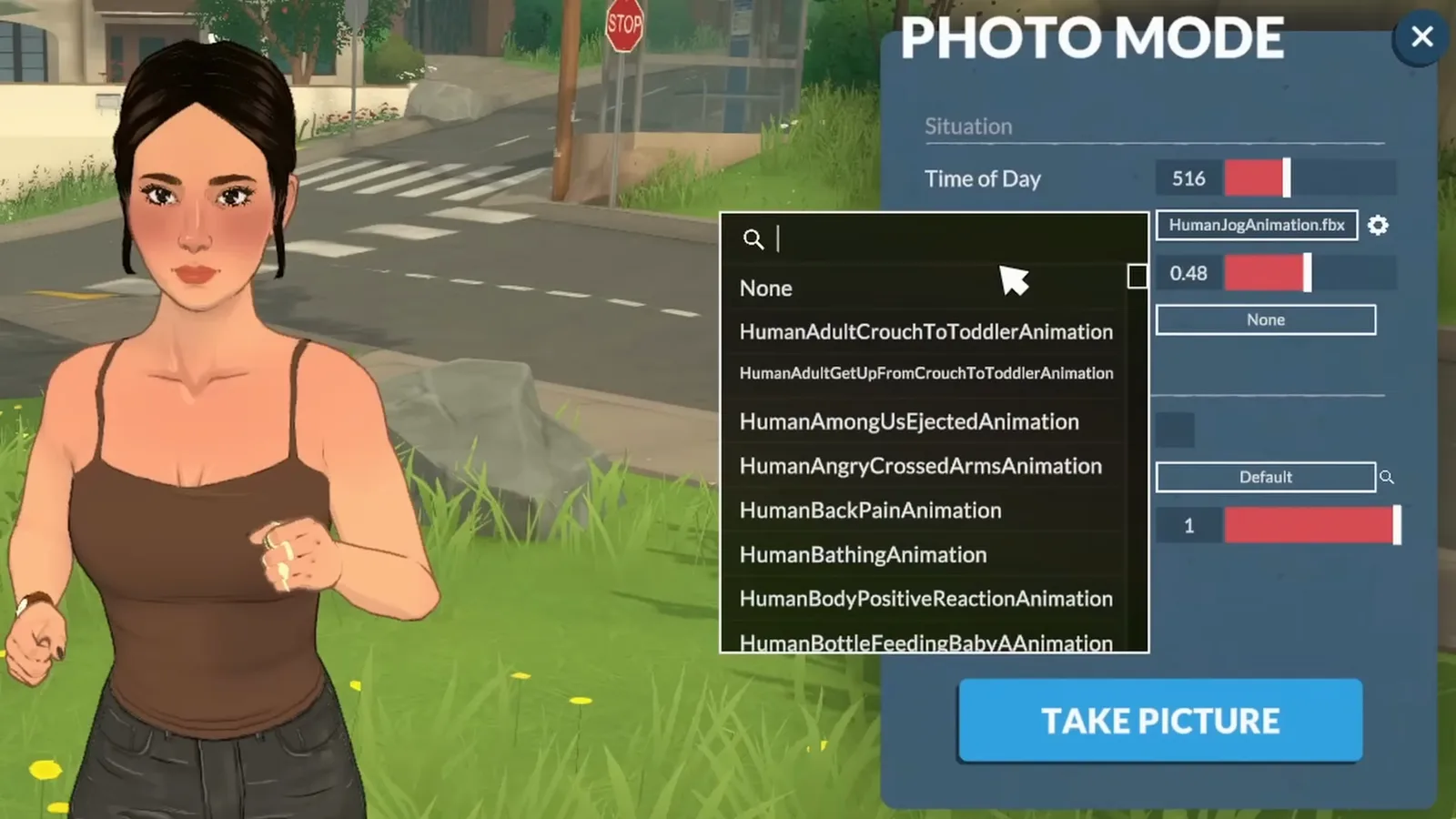 The Paralives photo mode animation search list open with entries like HumanAngryCrossedArmsAnimation and HumanBackPainAnimation
