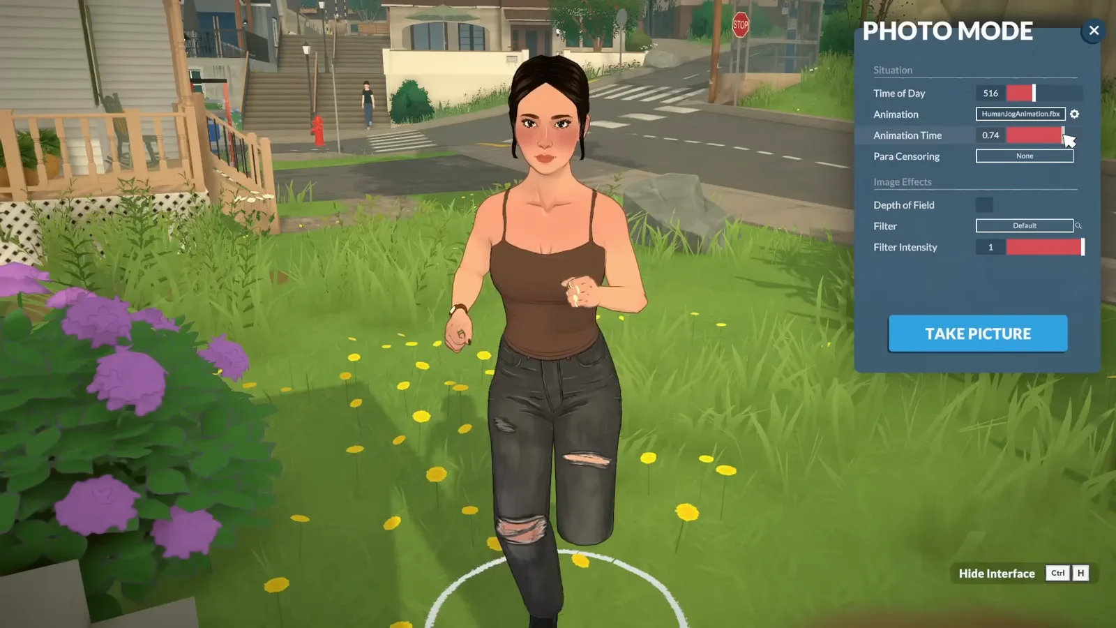 The Animation Time slider at 0.74 in Paralives photo mode holding a jogging Para frozen mid-stride
