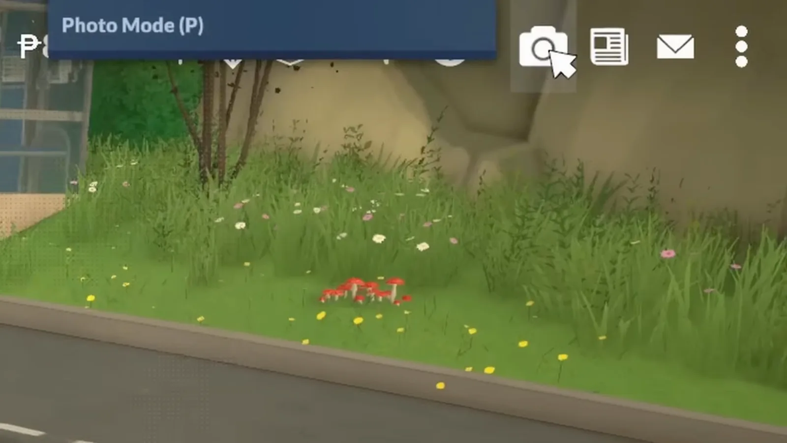 The Paralives top bar with the cursor hovering the camera icon and the Photo Mode tooltip open in live mode