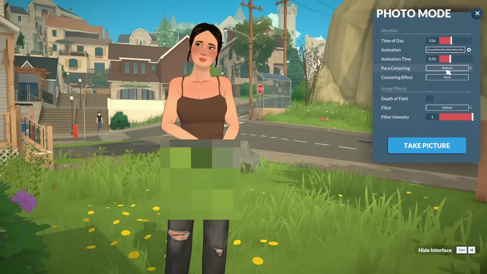 The Paralives photo mode Para Censoring option applying a pixelated censor block over a posed Para