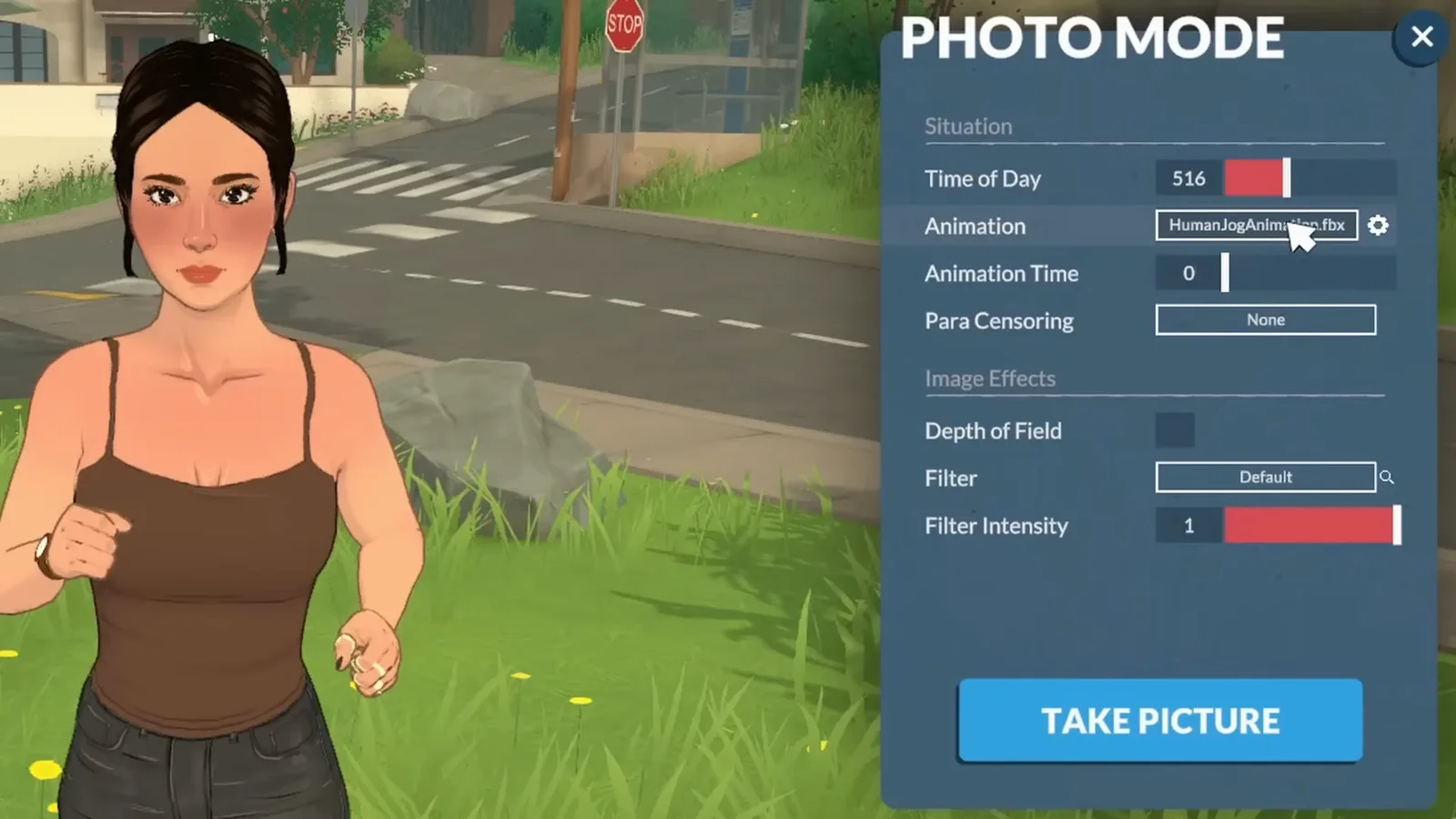 The Paralives PHOTO MODE panel open over a jogging Para, showing Time of Day, Animation, Para Censoring, Depth of Field, Filter and the TAKE PICTURE button