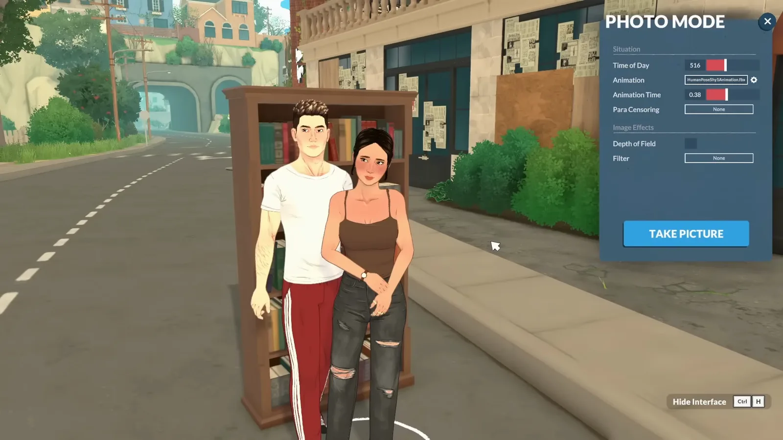 Two Paras posed in front of a bookcase on a Paralives street with the TAKE PICTURE button ready in the photo mode panel