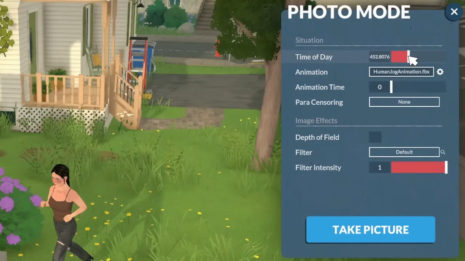 Dragging the Time of Day slider in Paralives photo mode to relight a garden scene in the afternoon