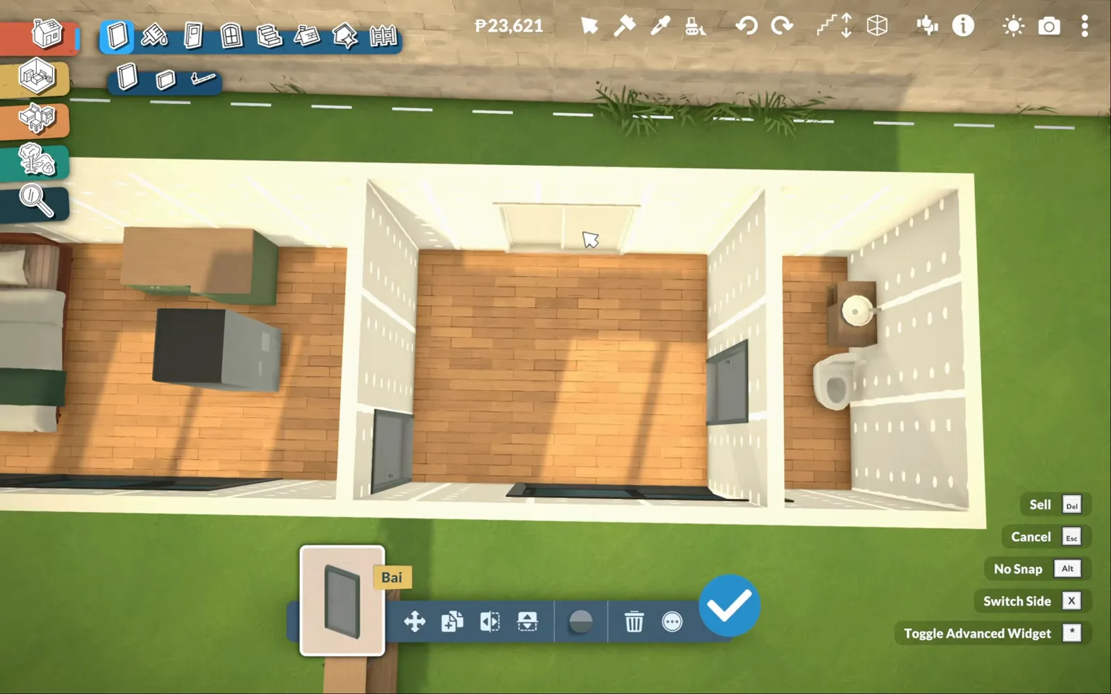 Top-down Paralives container layout with the toilet and vanity pushed to the far end of the box, well away from the living space.