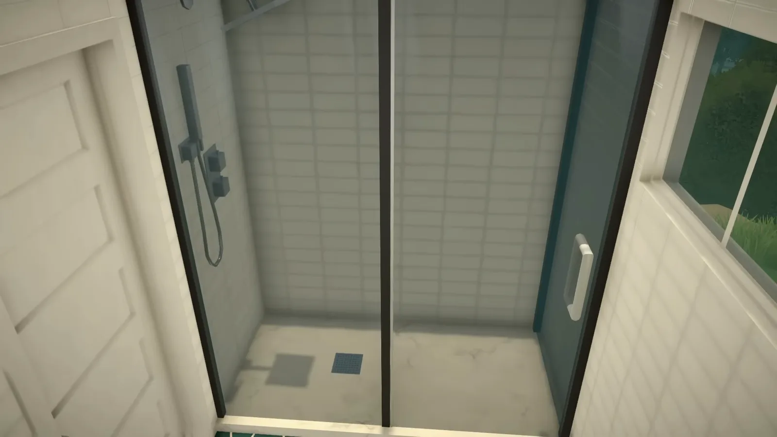 Standing glass shower with a rainfall head tiled into white squares in a finished Paralives container bathroom.