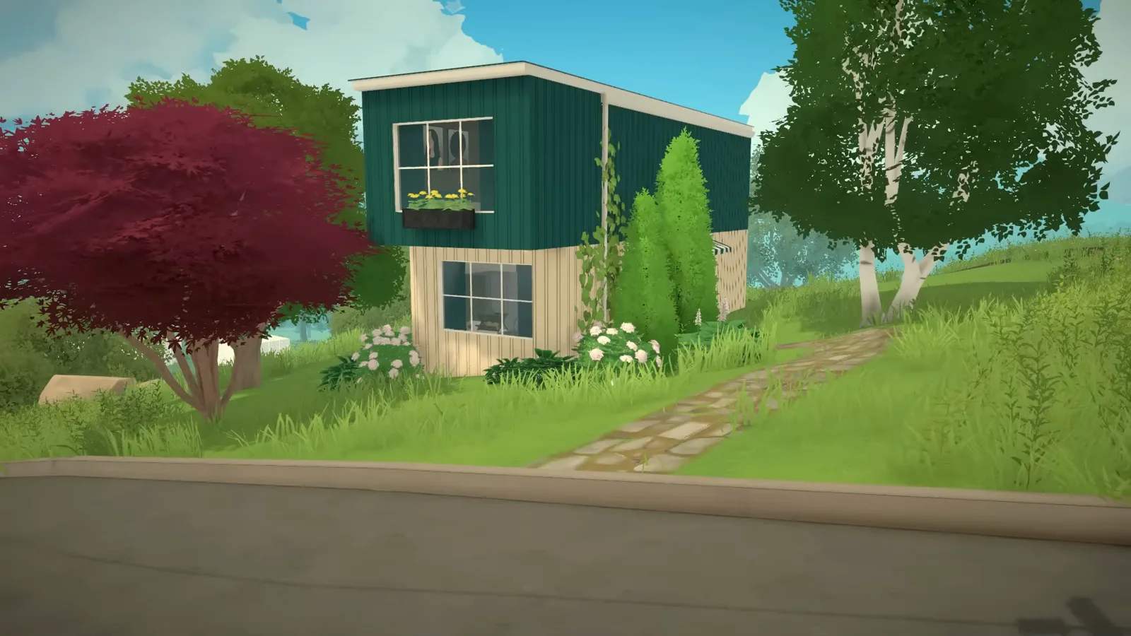 Finished Paralives shipping container house with a cream corrugated lower storey, a dark green corrugated upper box, window flower boxes and a hydrangea garden beside a stone path.