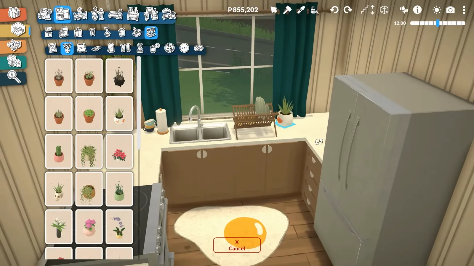 Paralives container kitchen with sink, stove and fridge lined up along the counter and an egg-shaped rug on the timber floor.