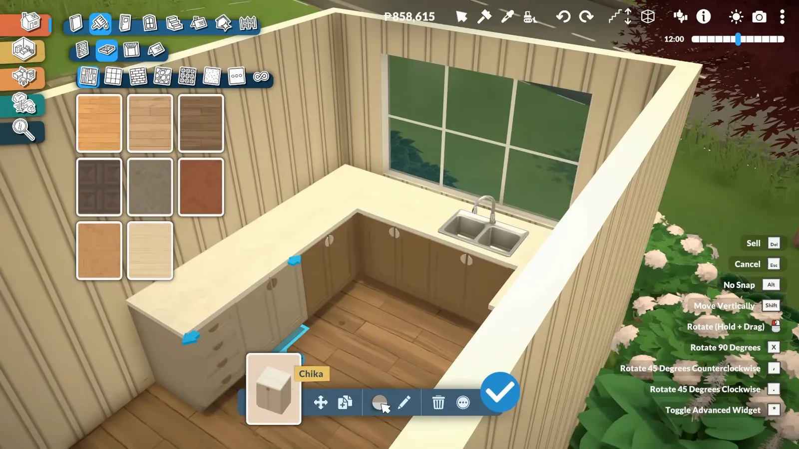 Wood pattern swatch grid open over a Paralives container kitchen while cabinets are colour-matched to the flooring's hex code.