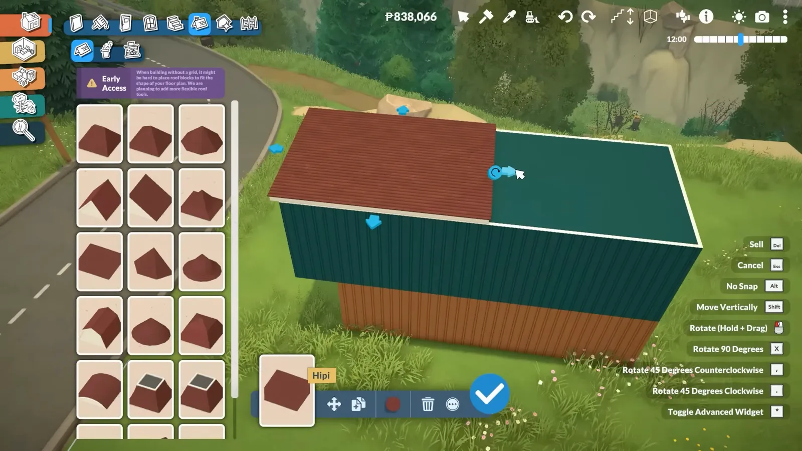 Corrugated Paralives container volume topped with a red flat roof while the roof piece catalogue stays open over the grassy lot.