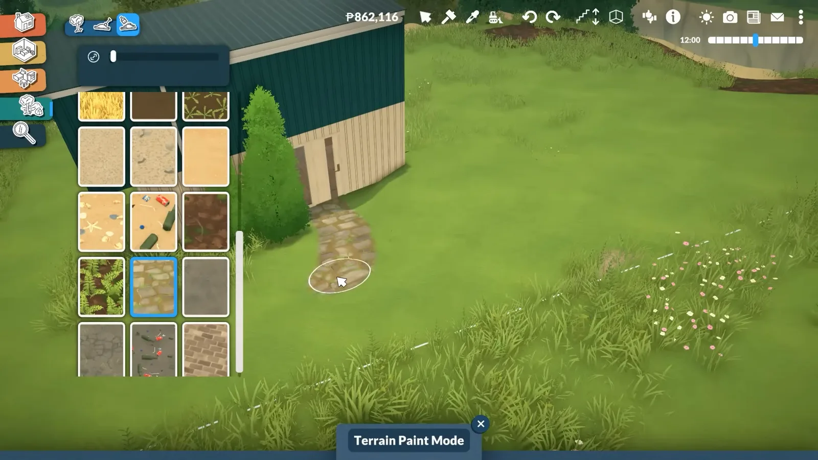 Terrain Paint Mode tooltip under a grass swatch grid while the lot around a Paralives container house is repainted and levelled.