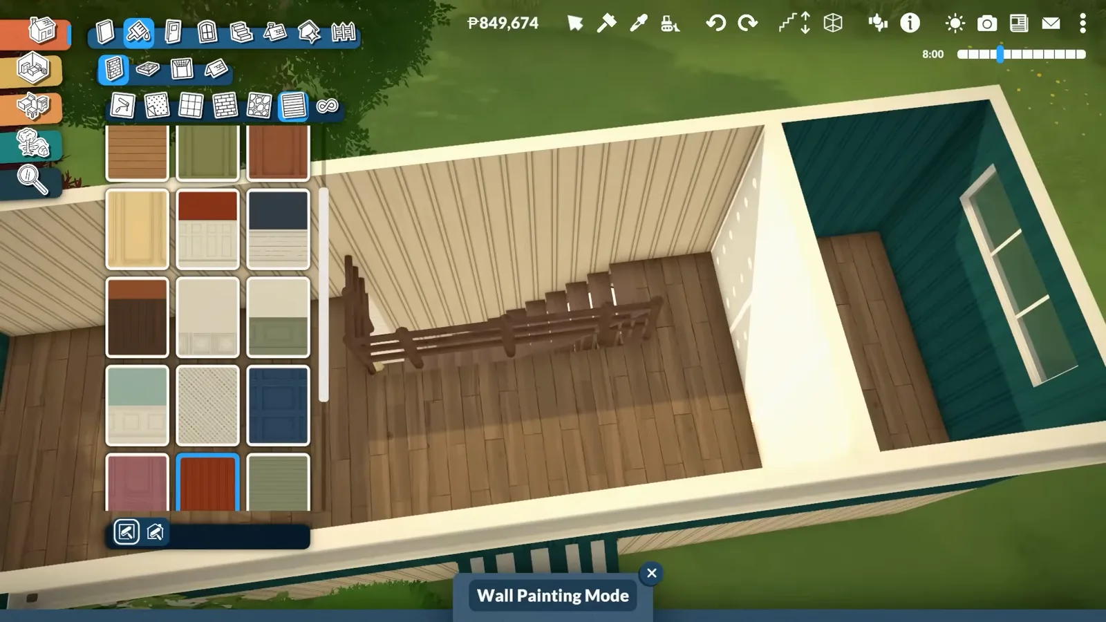 Wall Painting Mode tooltip beneath a wall pattern grid while the upper-storey walls of a Paralives container house are repainted.
