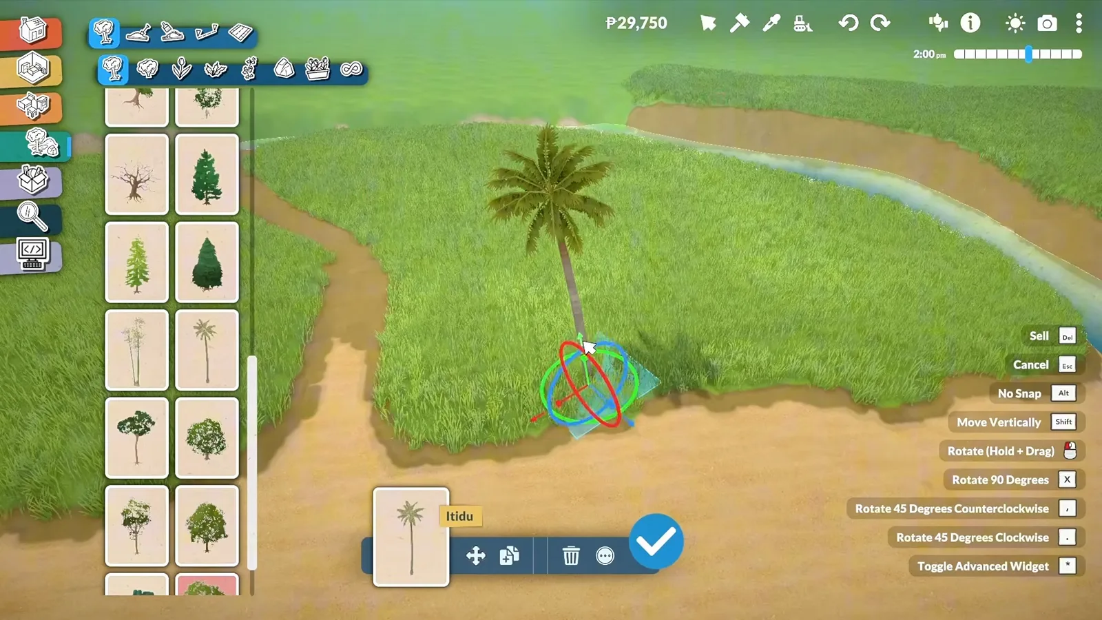 A single coconut tree being resized with the advanced tool in Paralives to create grove variations A single coconut tree being resized with the advanced tool in Paralives to create grove variations