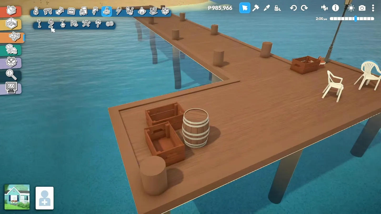 Wooden crates, a barrel and chairs arranged on a finished pier in Paralives build mode Wooden crates, a barrel and chairs arranged on a finished pier in Paralives build mode