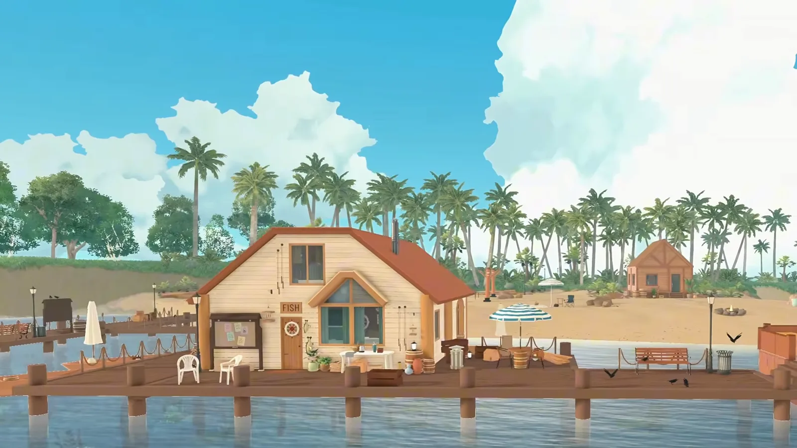 Finished Paralives recreation of the Stardew Valley beach seen from the water: Willy's stilted fish shop, a wooden pier with white umbrellas and palm trees along the shore Finished Paralives recreation of the Stardew Valley beach seen from the water: Willy's stilted fish shop, a wooden pier with white umbrellas and palm trees along the shore
