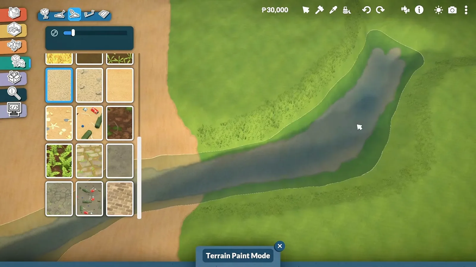 Landscape paint tool adding a gravel band along the waterline of a Paralives river inlet Landscape paint tool adding a gravel band along the waterline of a Paralives river inlet