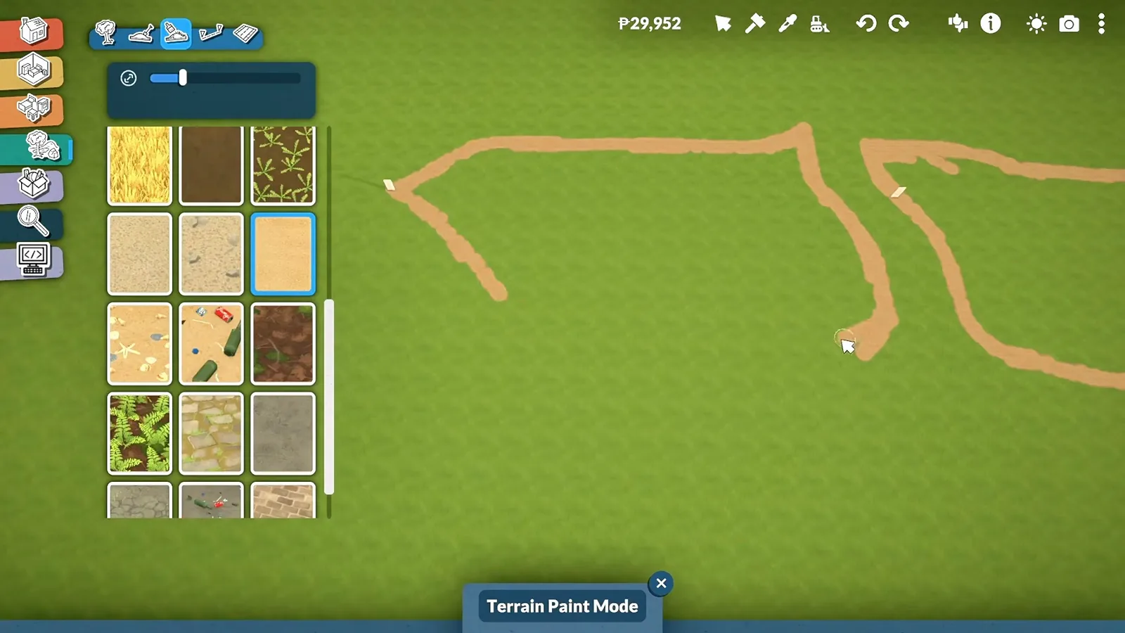 Terrain Paint Mode in Paralives showing the beach outline and town path sketched in sand before any terraforming starts Terrain Paint Mode in Paralives showing the beach outline and town path sketched in sand before any terraforming starts