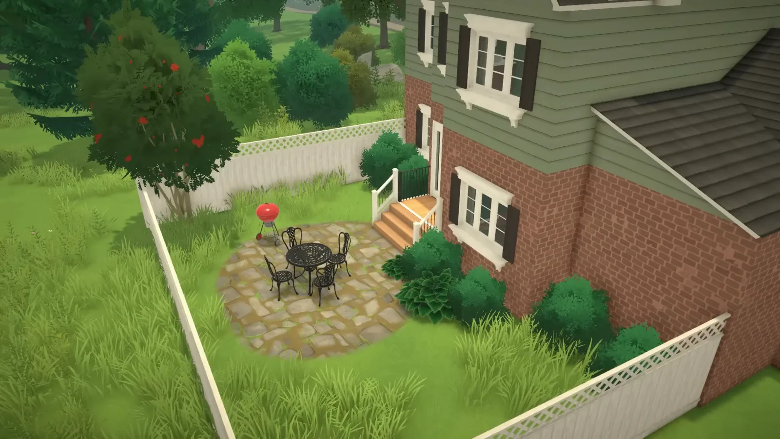 Finished Paralives backyard with a round stone patio, wrought-iron chairs, a red kettle barbecue and a white lattice fence Finished Paralives backyard with a round stone patio, wrought-iron chairs, a red kettle barbecue and a white lattice fence
