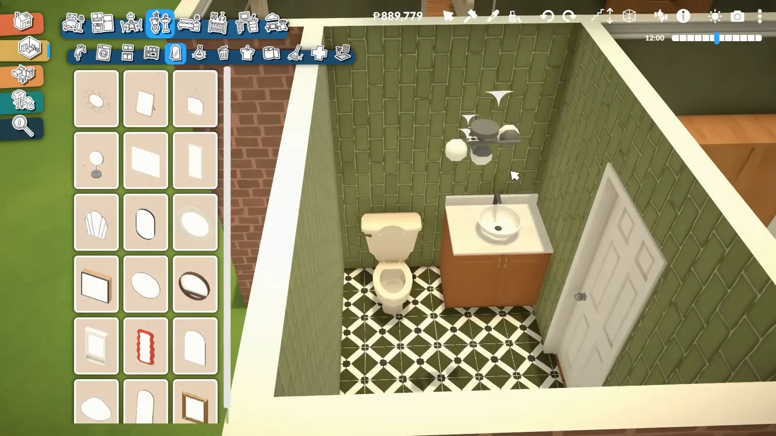 Paralives bathroom with green tile walls, a diamond-pattern floor, toilet and wood vanity while the mirror catalogue is open Paralives bathroom with green tile walls, a diamond-pattern floor, toilet and wood vanity while the mirror catalogue is open