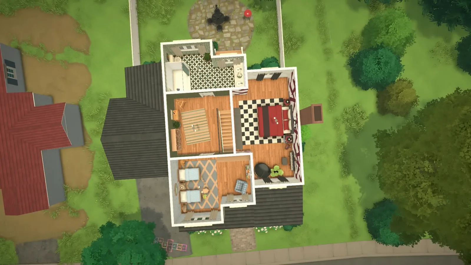 Top-down cutaway of a finished Paralives suburban family house showing two kids' bedrooms, the upstairs bathroom, the staircase and the backyard patio with barbecue Top-down cutaway of a finished Paralives suburban family house showing two kids' bedrooms, the upstairs bathroom, the staircase and the backyard patio with barbecue