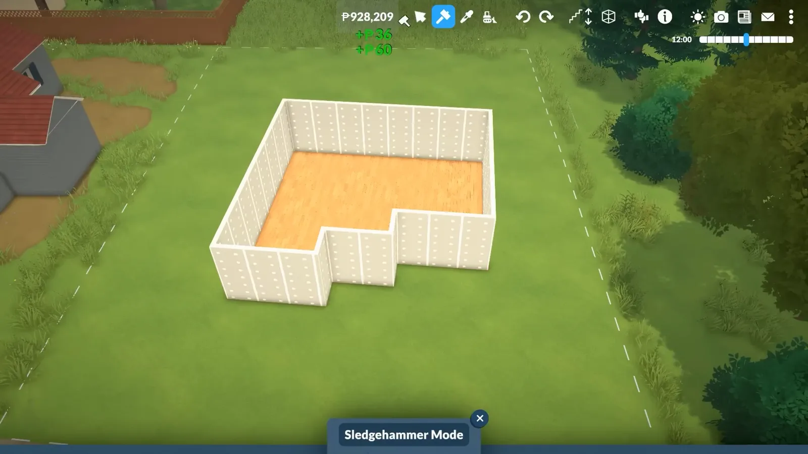 White Paralives wall shell with an L-shaped footprint and a wood floor standing on an empty suburban lot White Paralives wall shell with an L-shaped footprint and a wood floor standing on an empty suburban lot