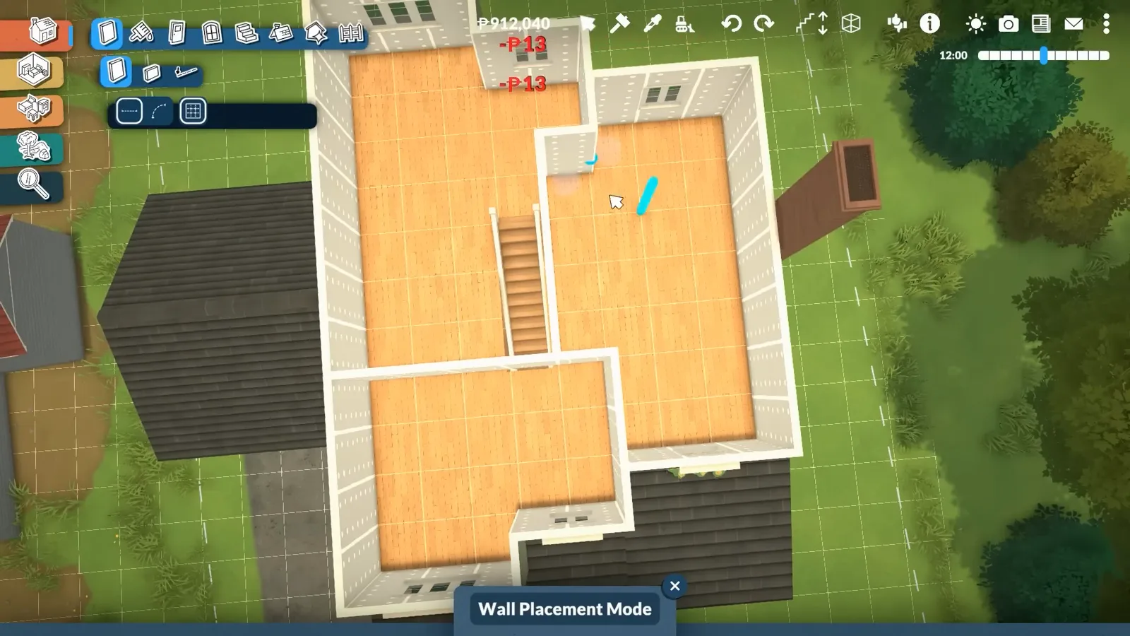 Paralives top-down floor plan with the separator tool bar open and the cyan height arrow that lifts the ground floor onto a foundation Paralives top-down floor plan with the separator tool bar open and the cyan height arrow that lifts the ground floor onto a foundation