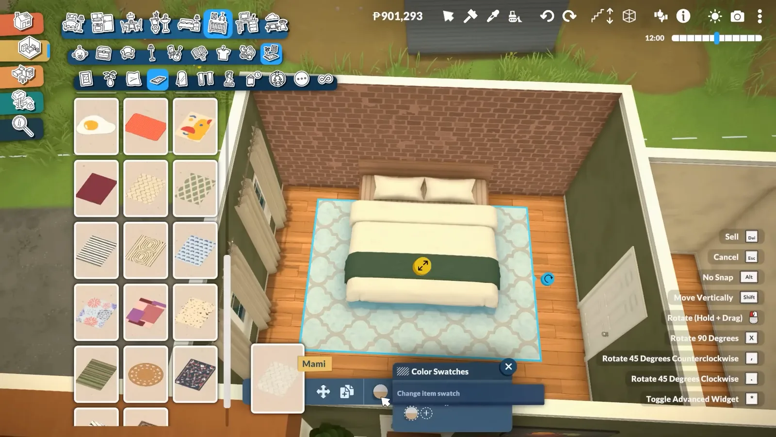 Paralives primary bedroom with a brick accent wall, a Mami rug and the color swatches panel open to retint the rug Paralives primary bedroom with a brick accent wall, a Mami rug and the color swatches panel open to retint the rug