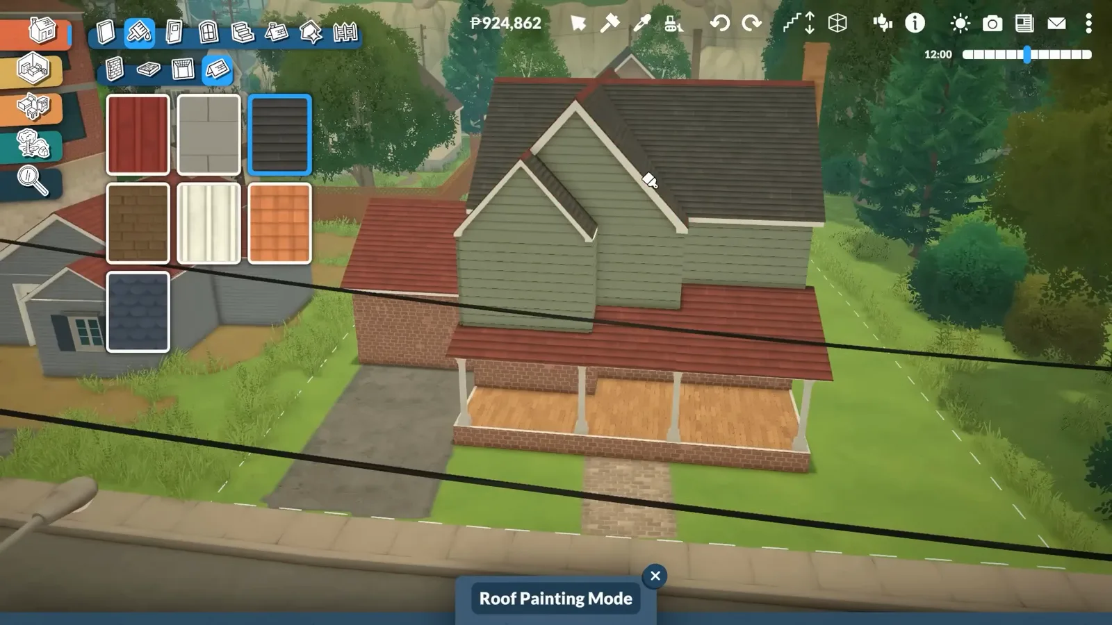 Paralives roof painting mode with the shingle swatch grid open on a suburban facade of green siding, brick and a red porch roof Paralives roof painting mode with the shingle swatch grid open on a suburban facade of green siding, brick and a red porch roof