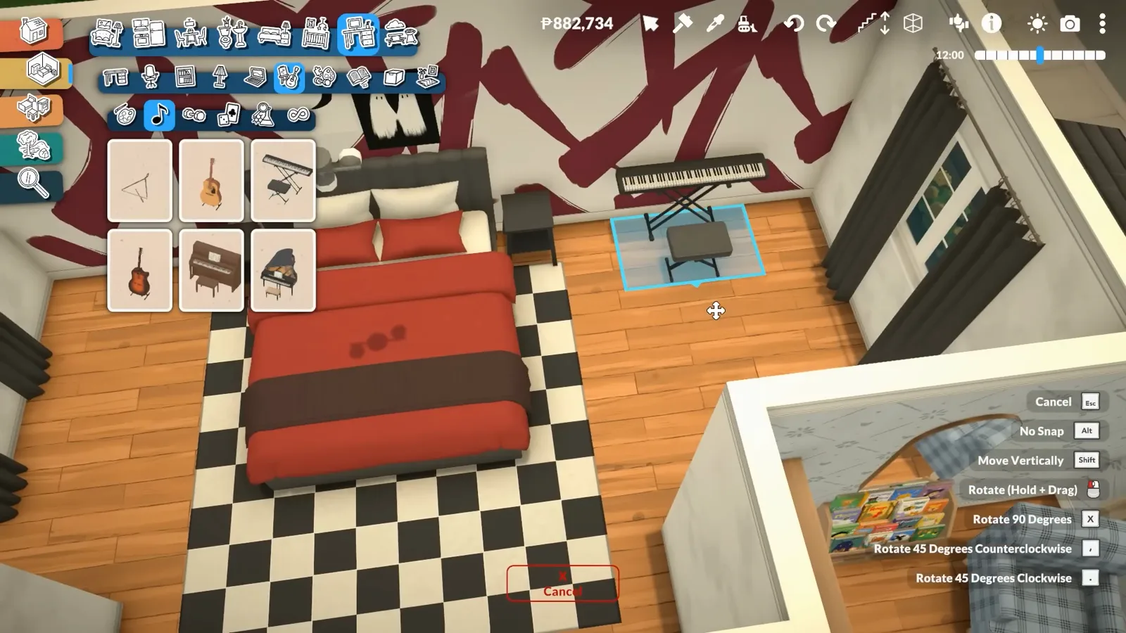 Paralives teenager bedroom with red brushstroke wallpaper, a checkerboard rug and an electronic keyboard being placed beside the bed Paralives teenager bedroom with red brushstroke wallpaper, a checkerboard rug and an electronic keyboard being placed beside the bed