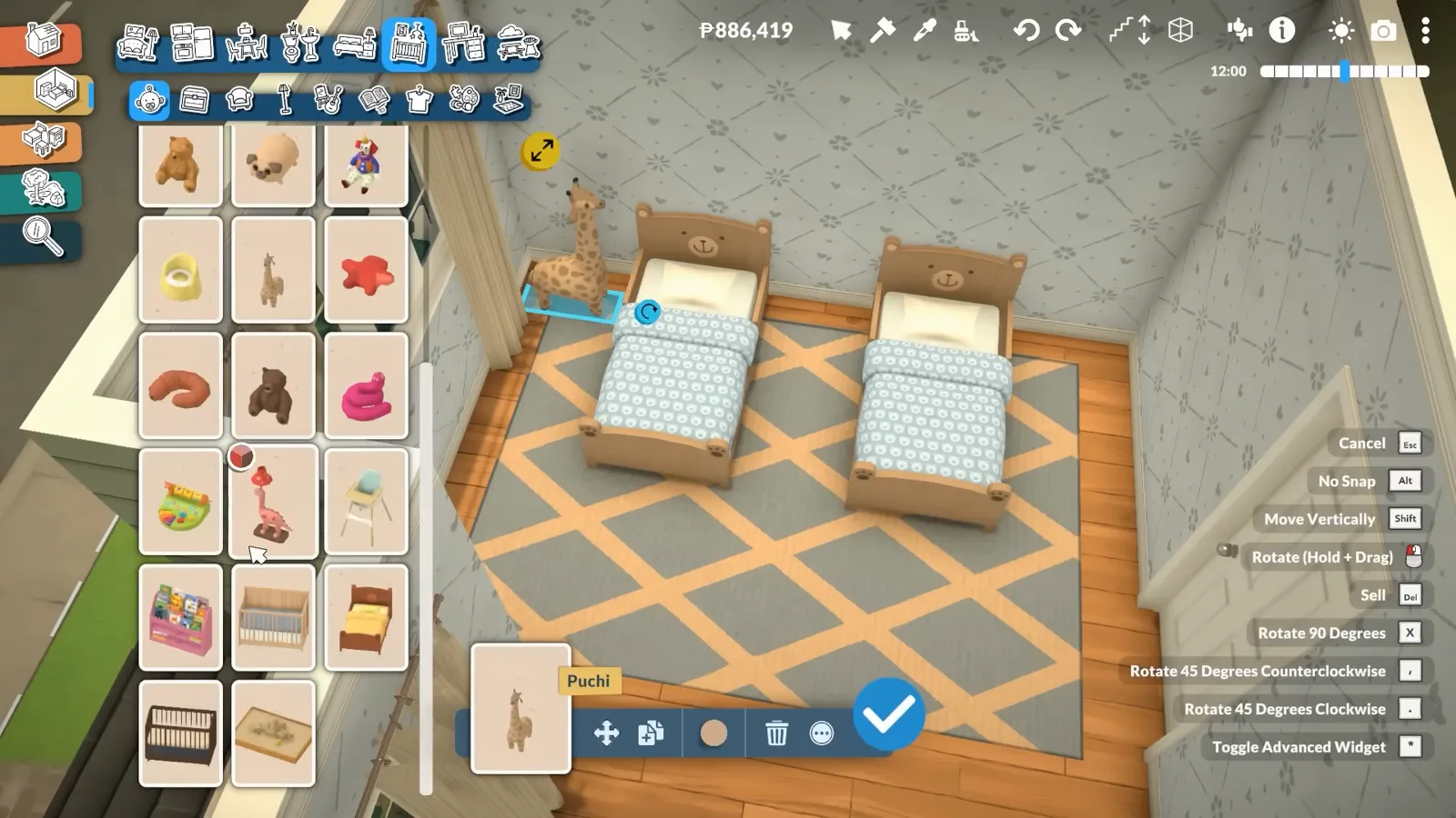 Paralives toddler room with two bear-head beds on a diamond rug as the Puchi giraffe plush is placed from the kids catalogue Paralives toddler room with two bear-head beds on a diamond rug as the Puchi giraffe plush is placed from the kids catalogue