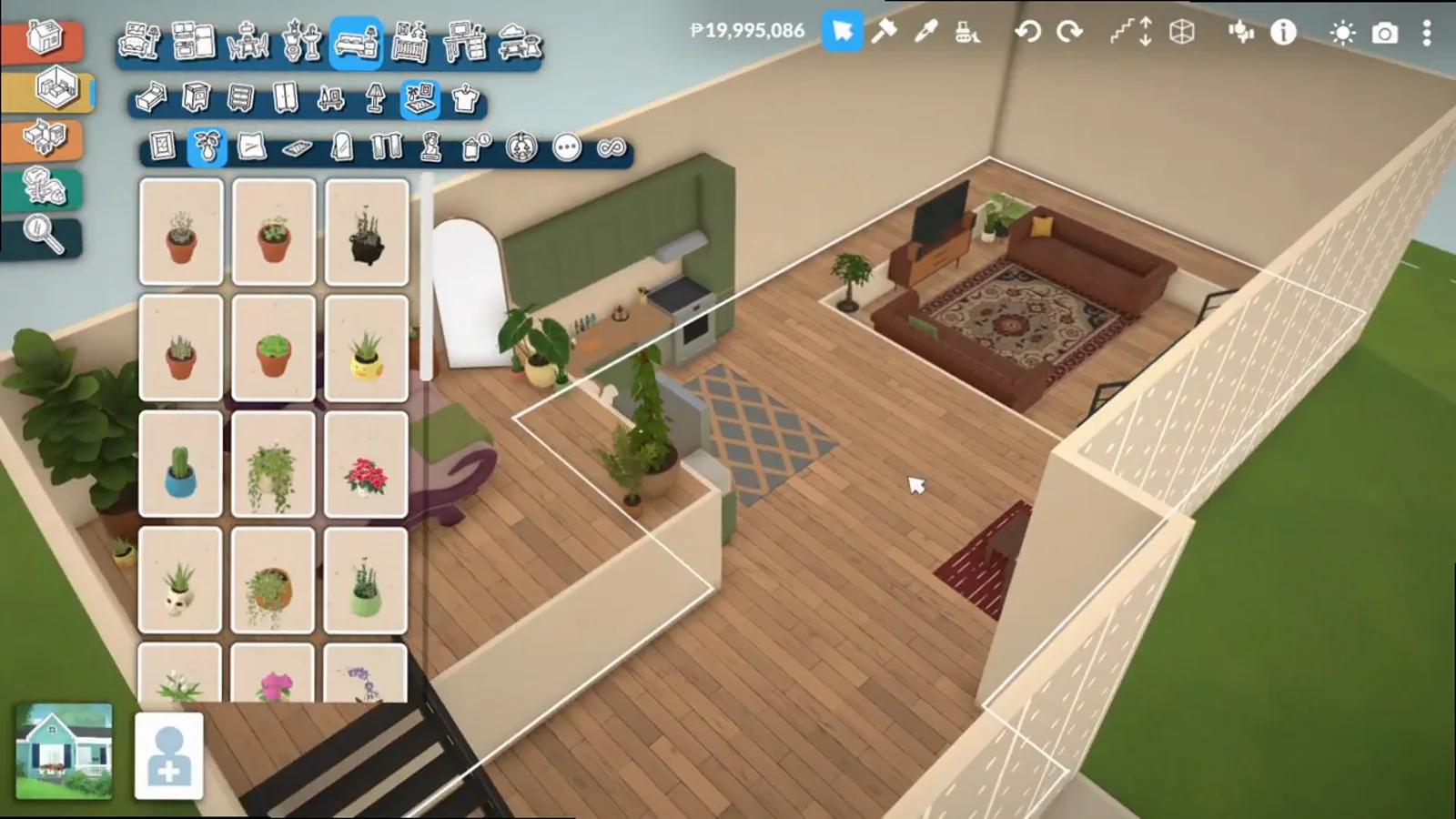 A furnished Paralives interior with plants and seating arranged around a sunken lounge level A furnished Paralives interior with plants and seating arranged around a sunken lounge level