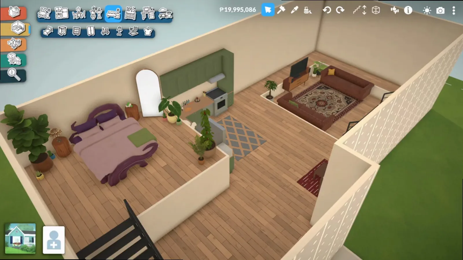 A finished Paralives open plan interior with a sunken lounge beside a purple bedroom and kitchen A finished Paralives open plan interior with a sunken lounge beside a purple bedroom and kitchen