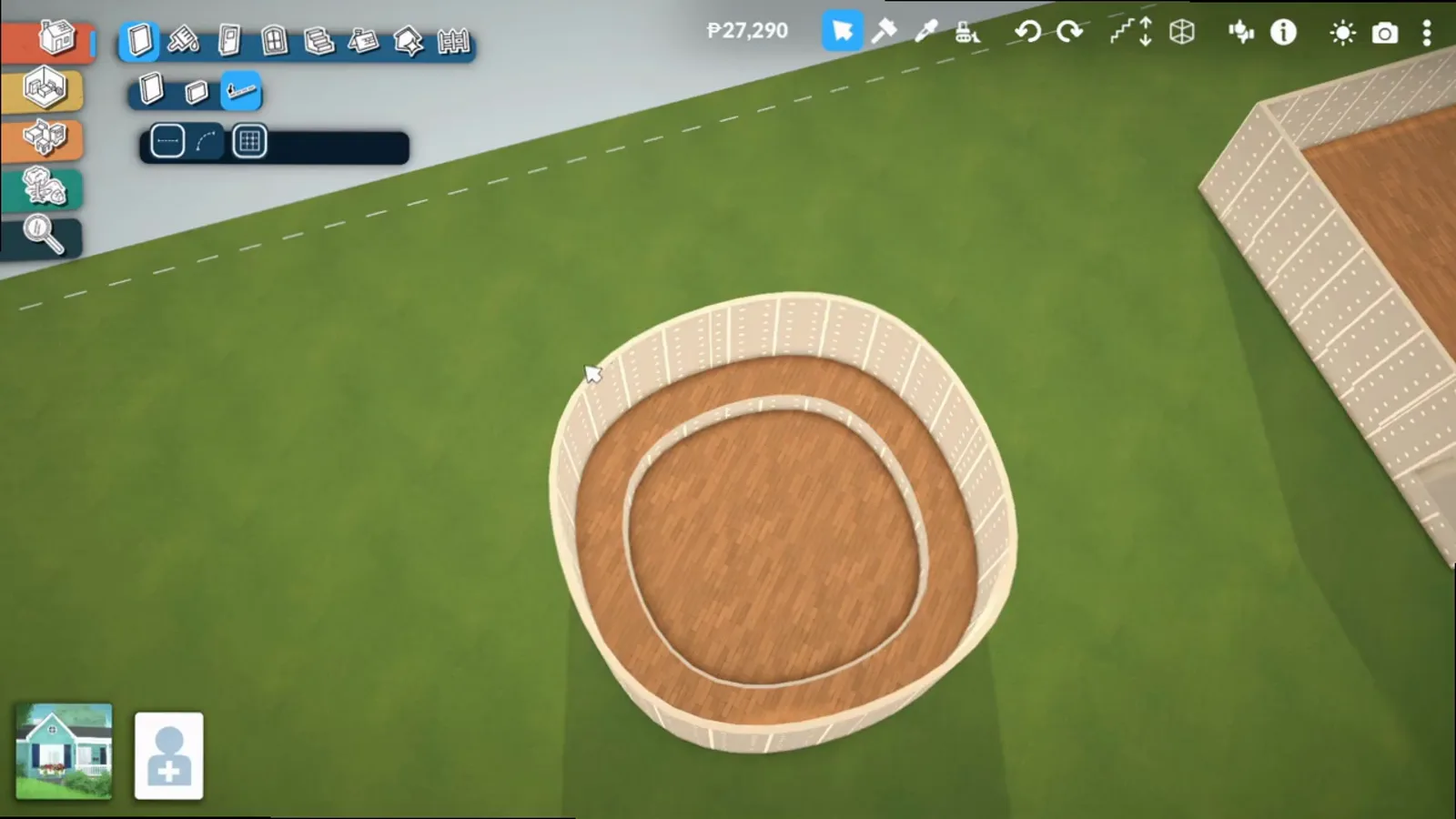 An inner circular wall finished inside a Paralives round sunken room before the outer ring is added An inner circular wall finished inside a Paralives round sunken room before the outer ring is added