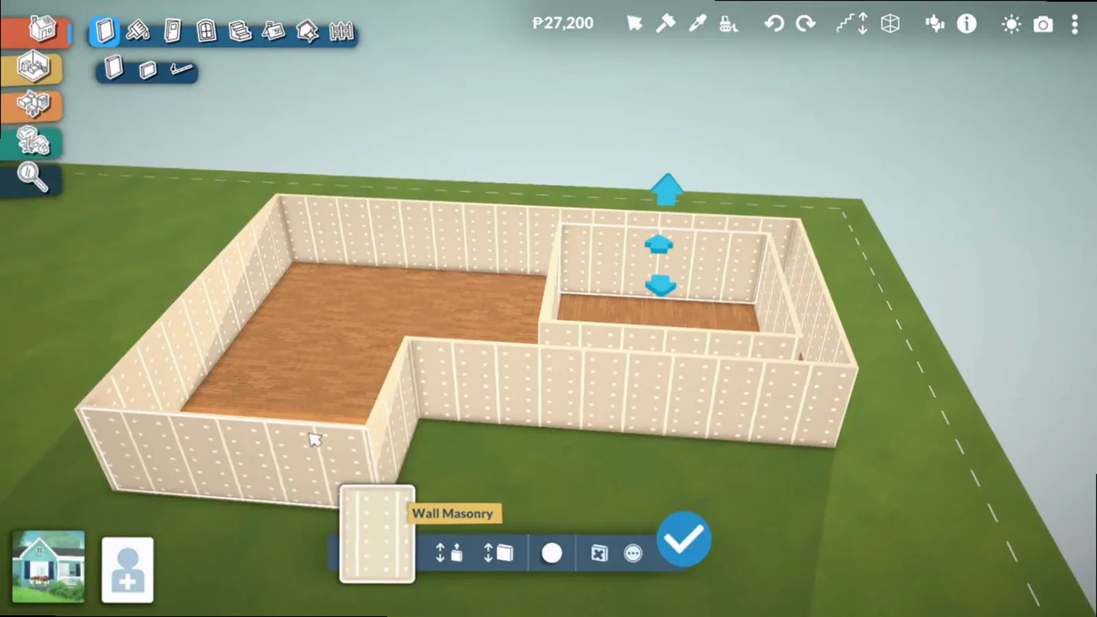 Blue height arrows over a walled section as Paralives wall height is dragged down for a sunken room Blue height arrows over a walled section as Paralives wall height is dragged down for a sunken room