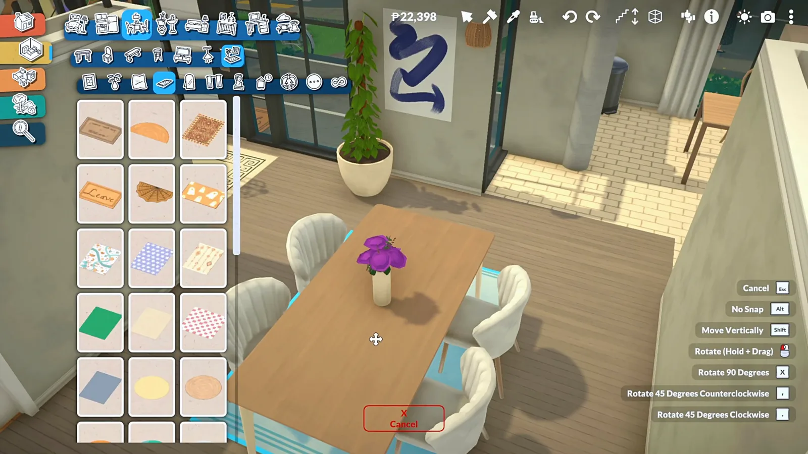 Paralives dining set with shell chairs and purple flowers beside the sunroom's glass wall Paralives dining set with shell chairs and purple flowers beside the sunroom's glass wall