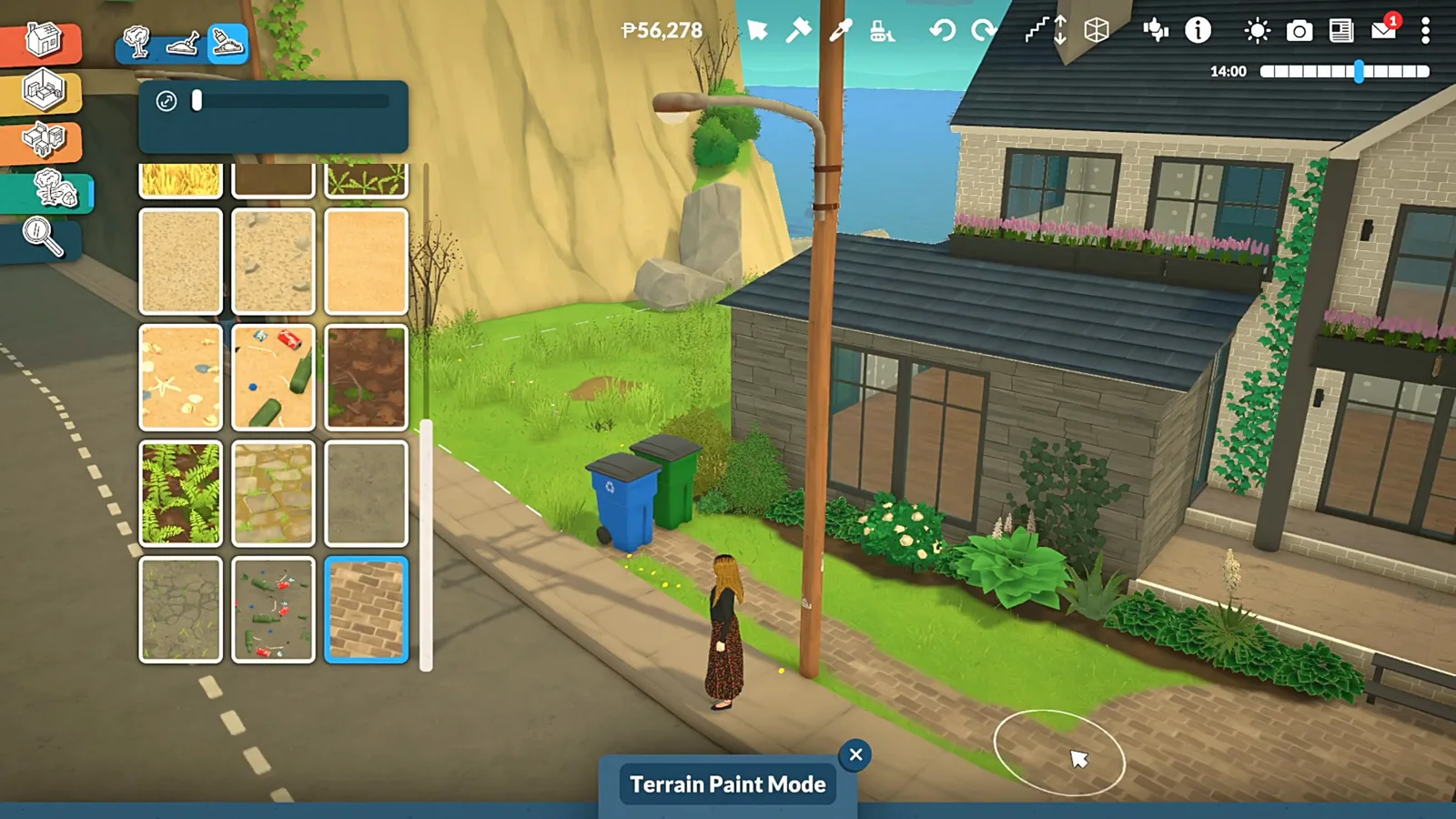 Paralives Terrain Paint Mode refreshing the lawn and front path beside the glazed sunroom wing Paralives Terrain Paint Mode refreshing the lawn and front path beside the glazed sunroom wing