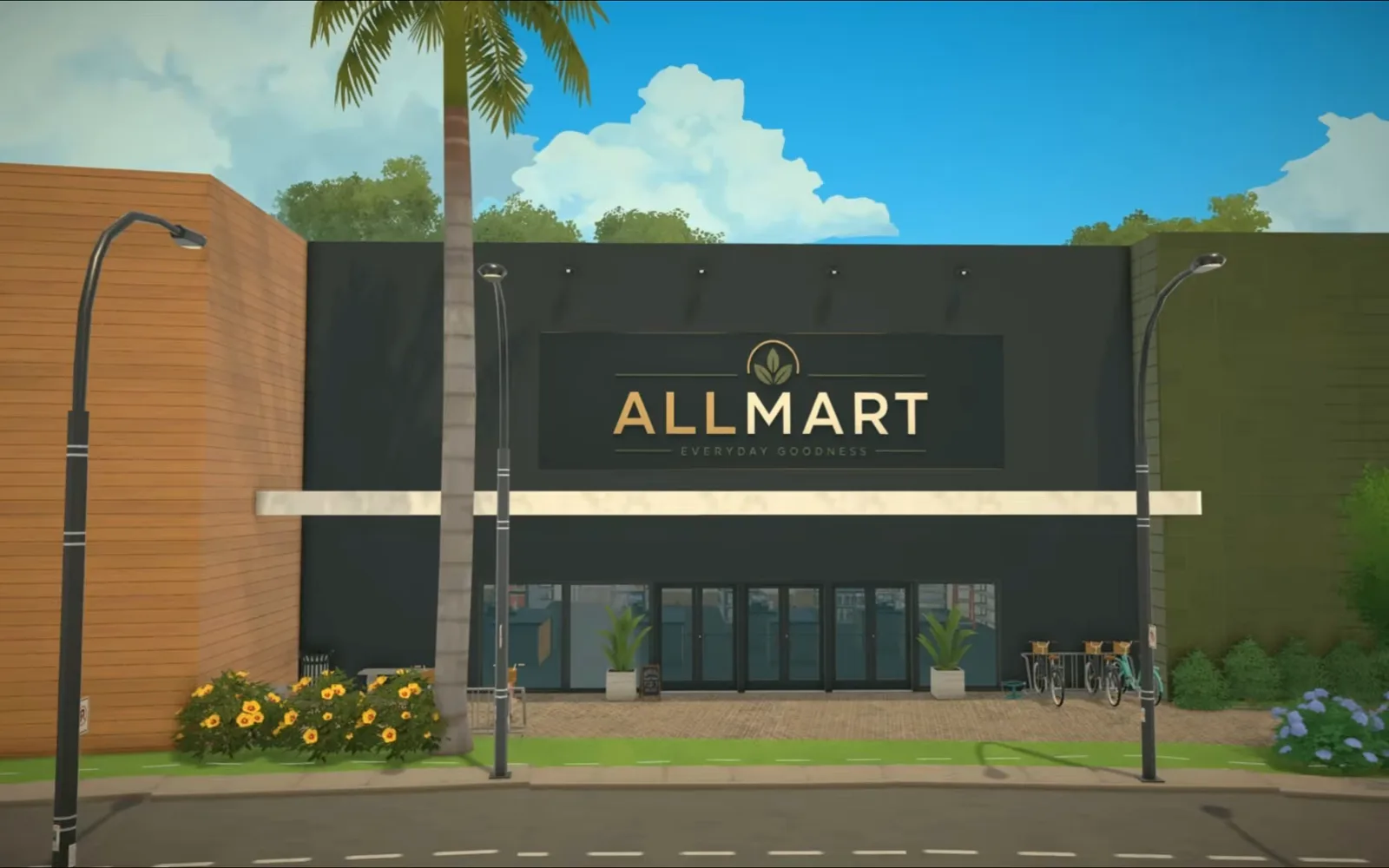 Finished Paralives ALLMART supermarket facade with a gold ALLMART sign on a dark charcoal front, wooden slat walls, glass entrance doors, bicycles and a palm tree by the street