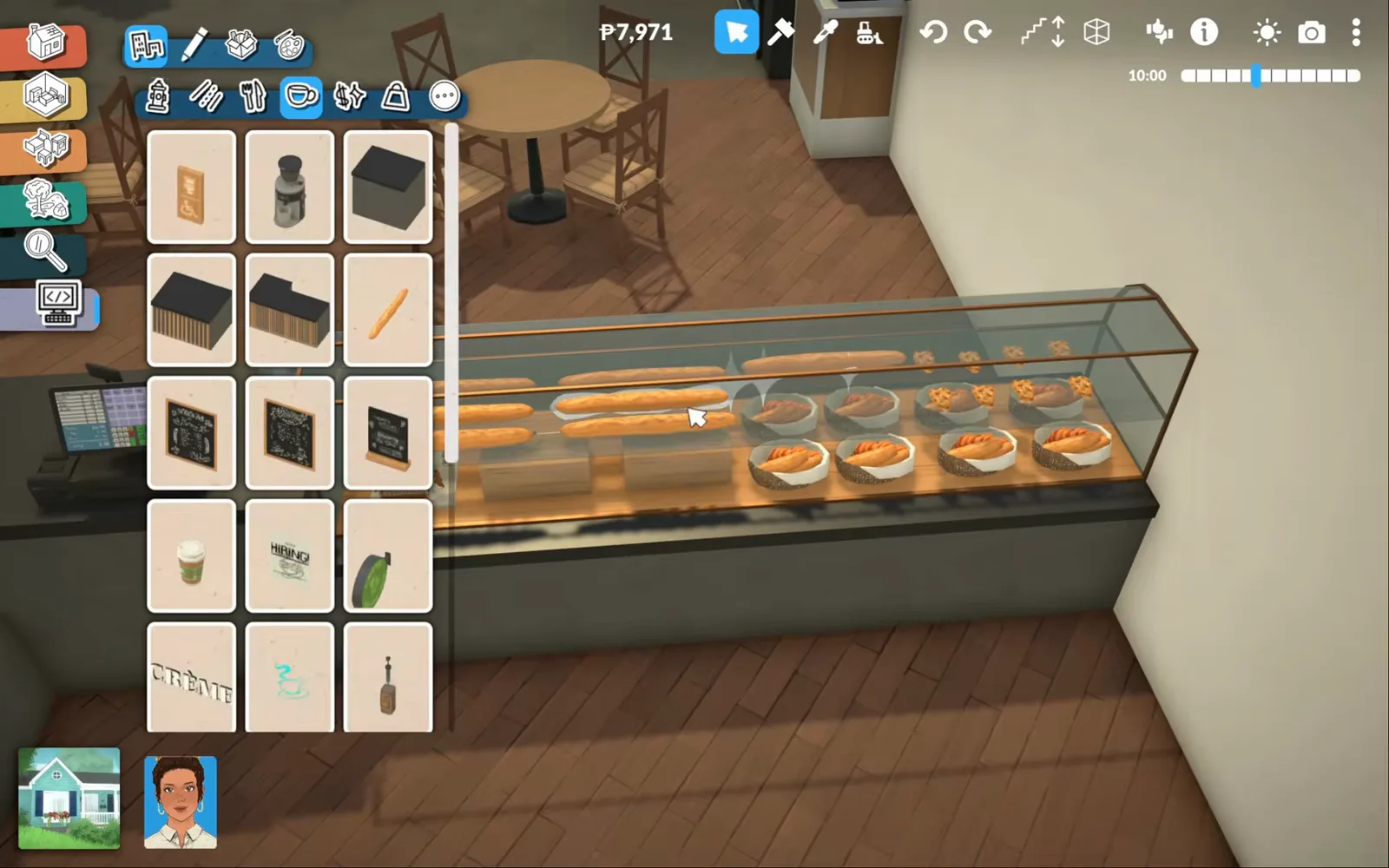 Paralives bakery display case stocked with baguettes and croissant bowls beside the open cafe catalogue with chalkboard menus and a coffee grinder