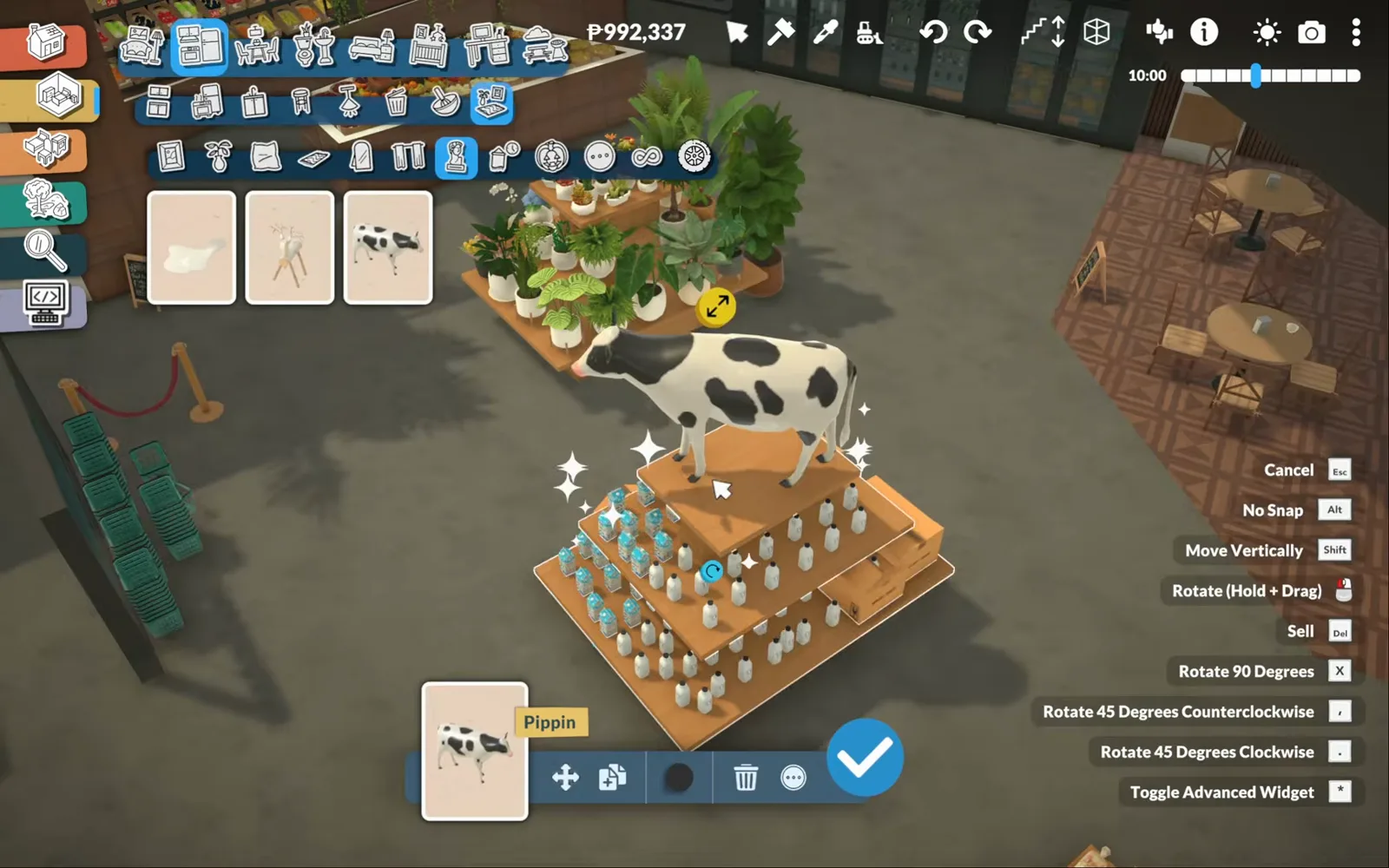 Paralives spotted cow statue named Pippin standing on a stepped wooden riser tiered with rows of milk bottles