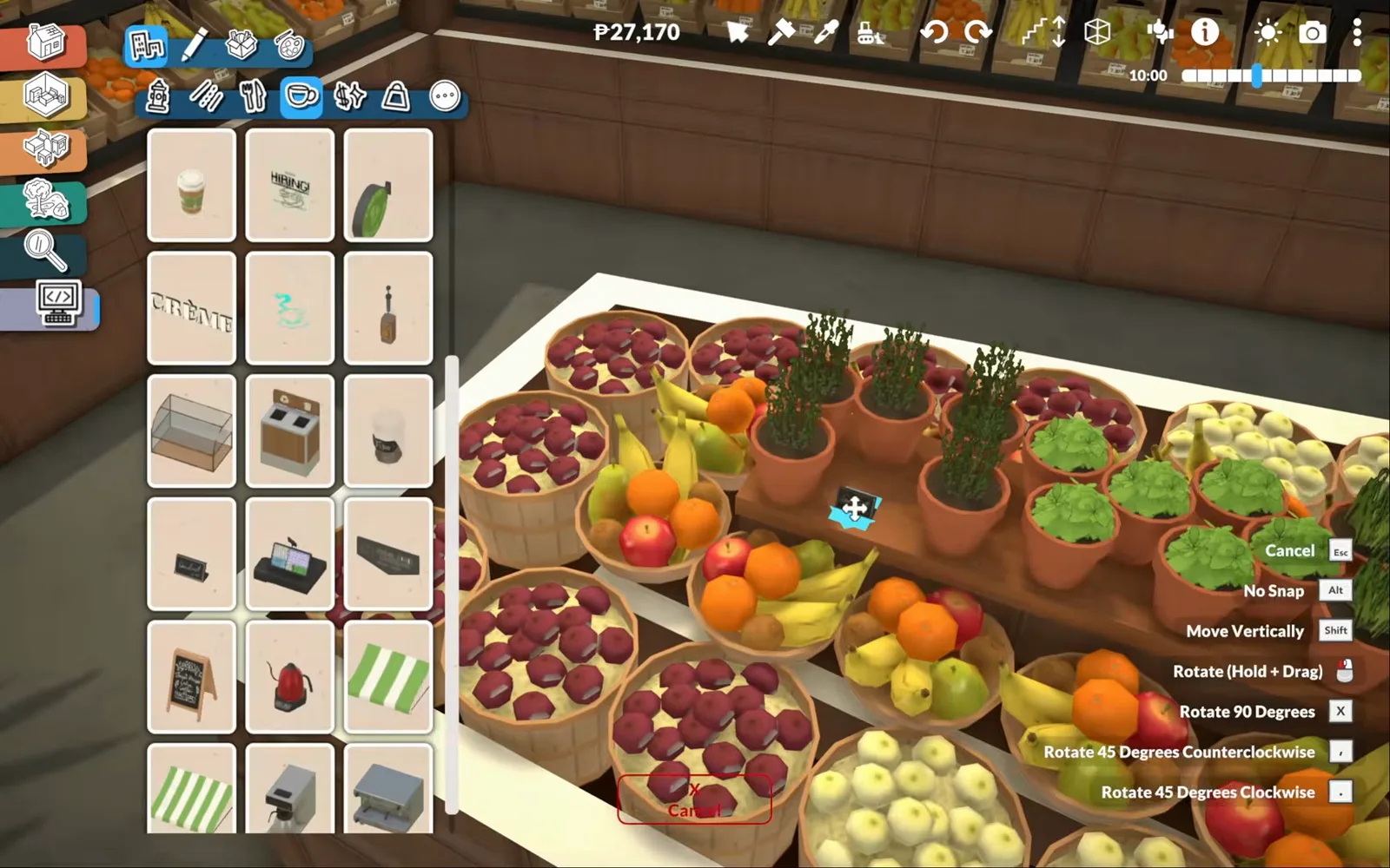 Top-down Paralives fruit display of barrel baskets and potted herbs while a small sign is rotated into place with the rotate gizmo shortcuts open