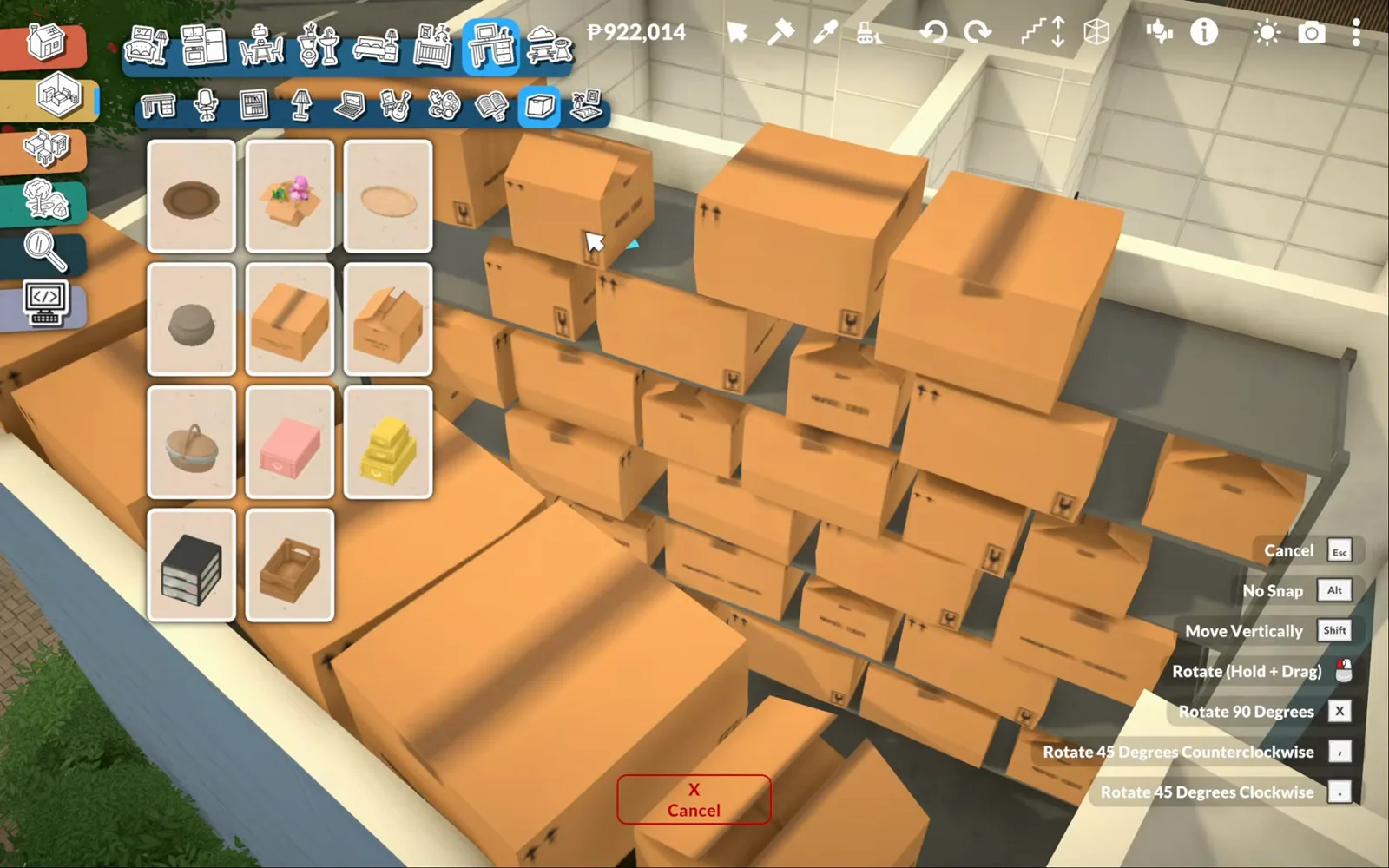 Top-down Paralives storage room with metal racks buried under stacked orange cardboard boxes while the box catalogue stays open