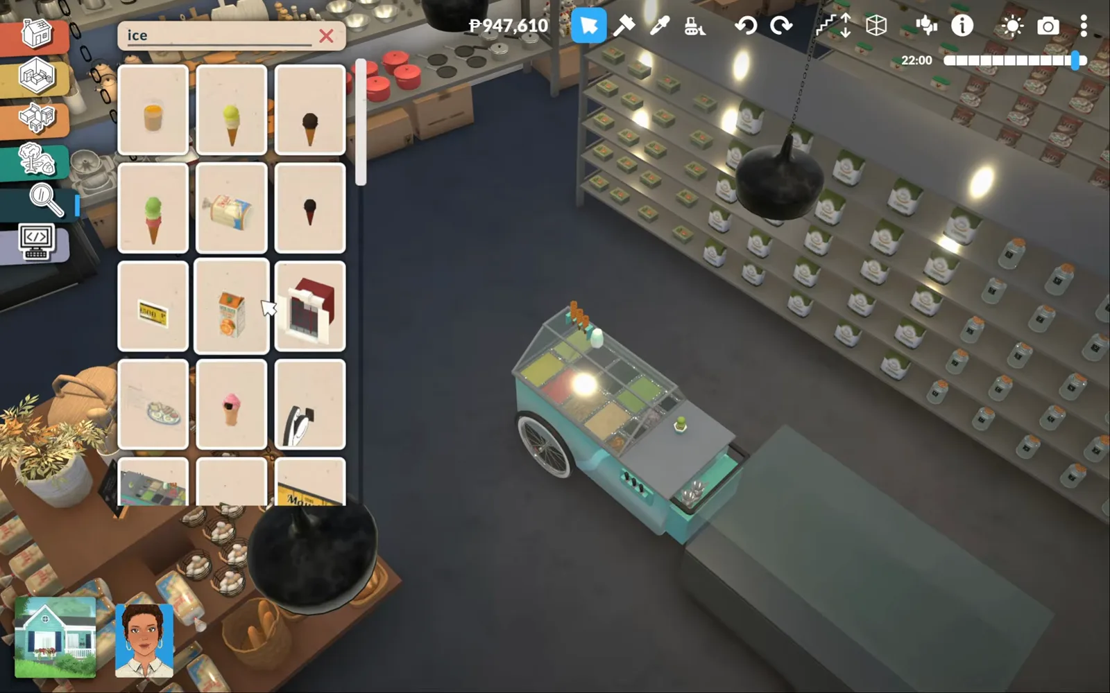 Paralives catalogue search for ice showing ice cream cones and a chest freezer beside a mint ice cream display cart with colourful tubs