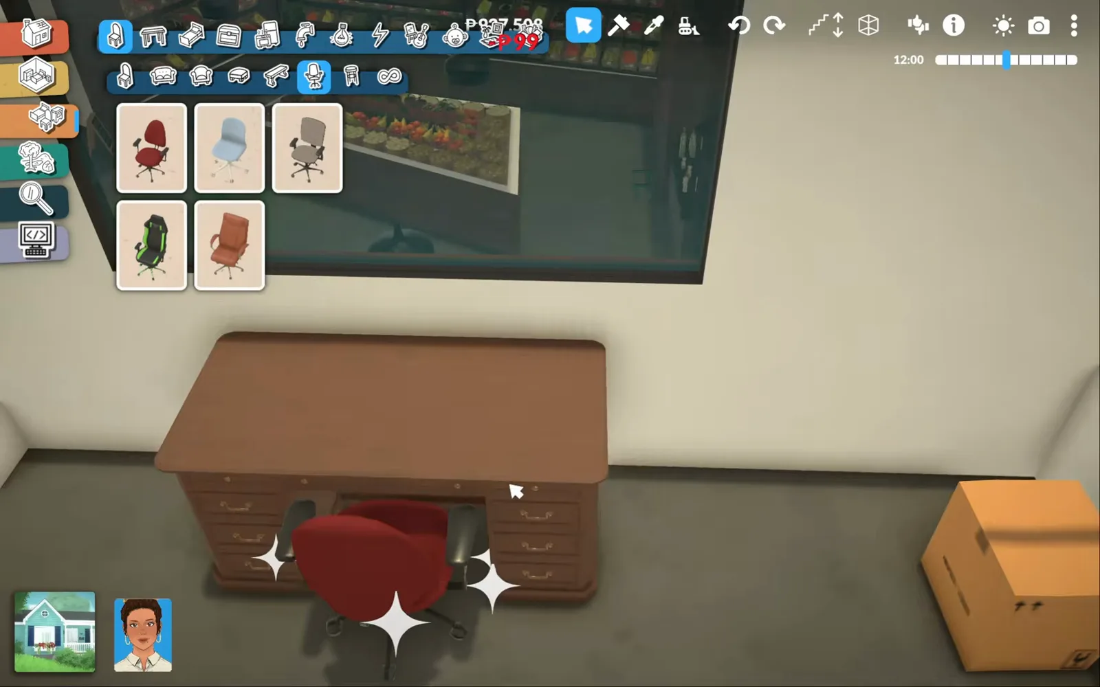 Paralives office chair catalogue open over a wooden pedestal desk and red office chair in the supermarket manager's office with a window onto the shop floor