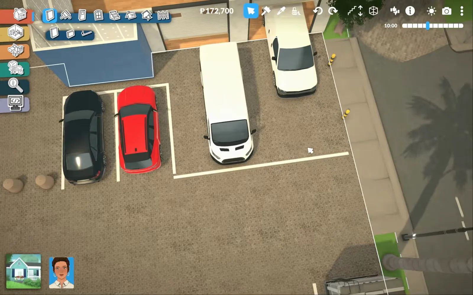 Top-down Paralives parking lot with white bay lines, a black sedan and red hatchback parked between two white vans beside yellow kerb bollards