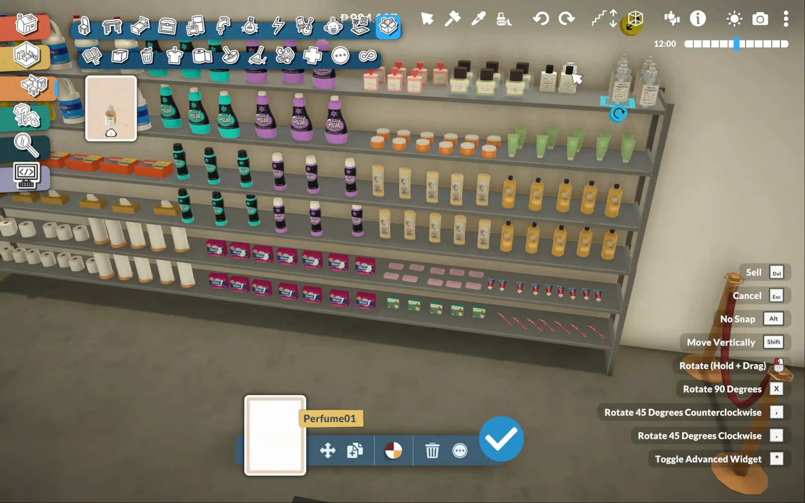Tall Paralives supermarket shelf stocked with toiletries while a perfume bottle is duplicated into the top row with the item card open