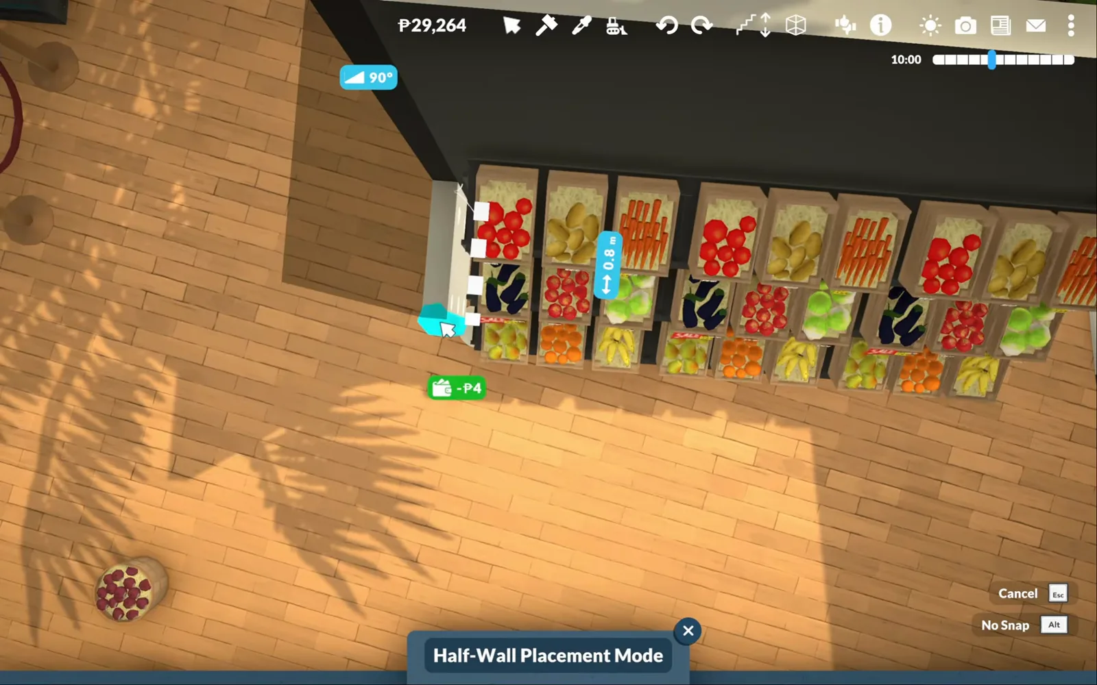 Half-Wall Placement Mode drawing a 0.8 m white half-wall in front of wooden Paralives produce bins stacked with tomatoes, carrots and eggplants